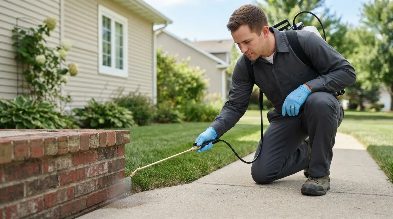 Pest control technician treating a home near Blaine, MN