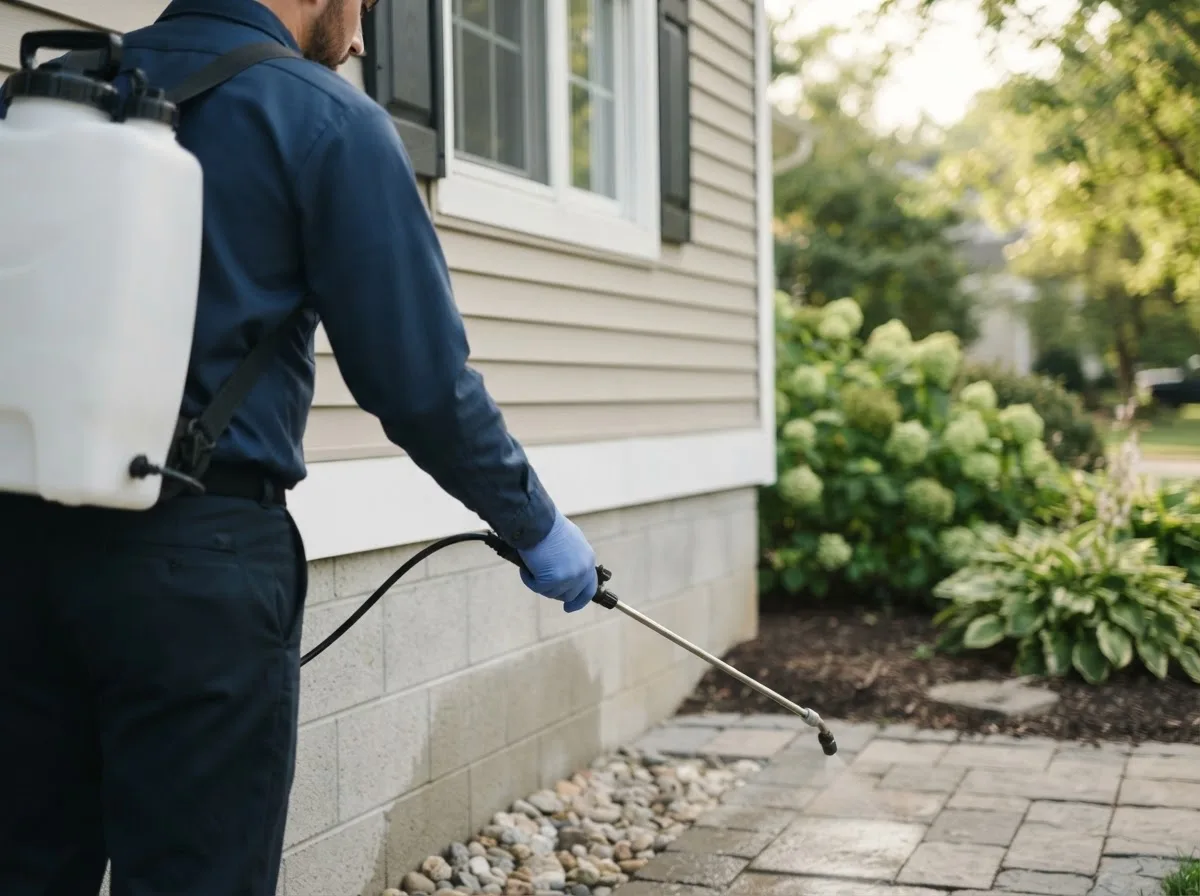 Pest control technician inspecting a home in Blaine, MN